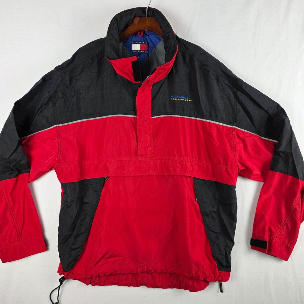 Tommy Hilfiger Athletic Gear Mens Large Red Black Colorblock Anorak Windbreaker